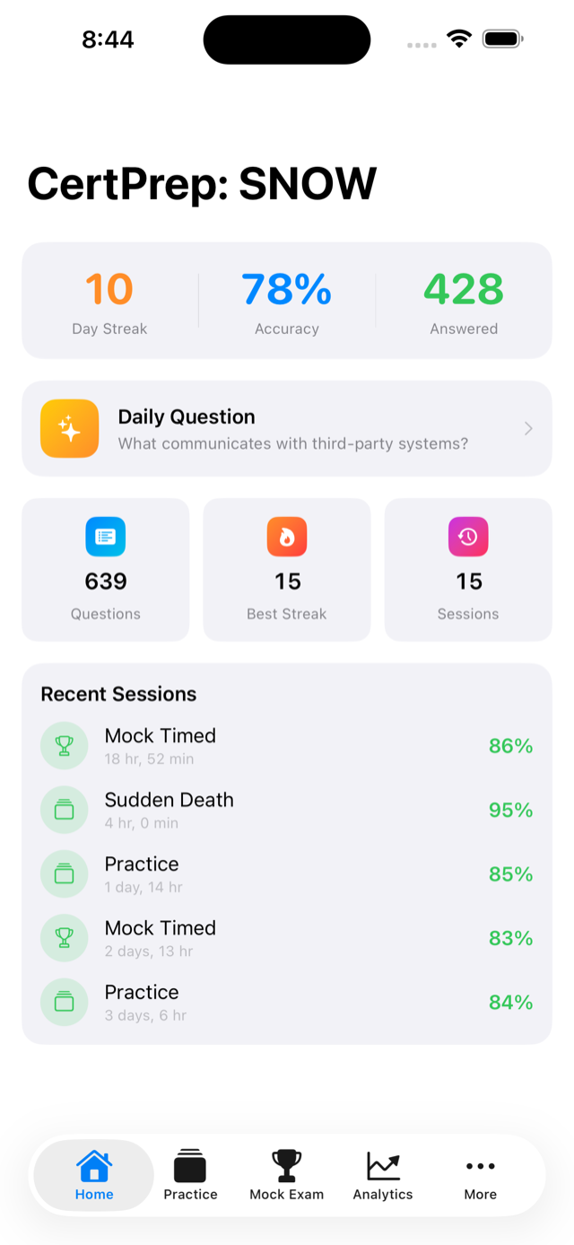 Home screen showing study dashboard and quick start options