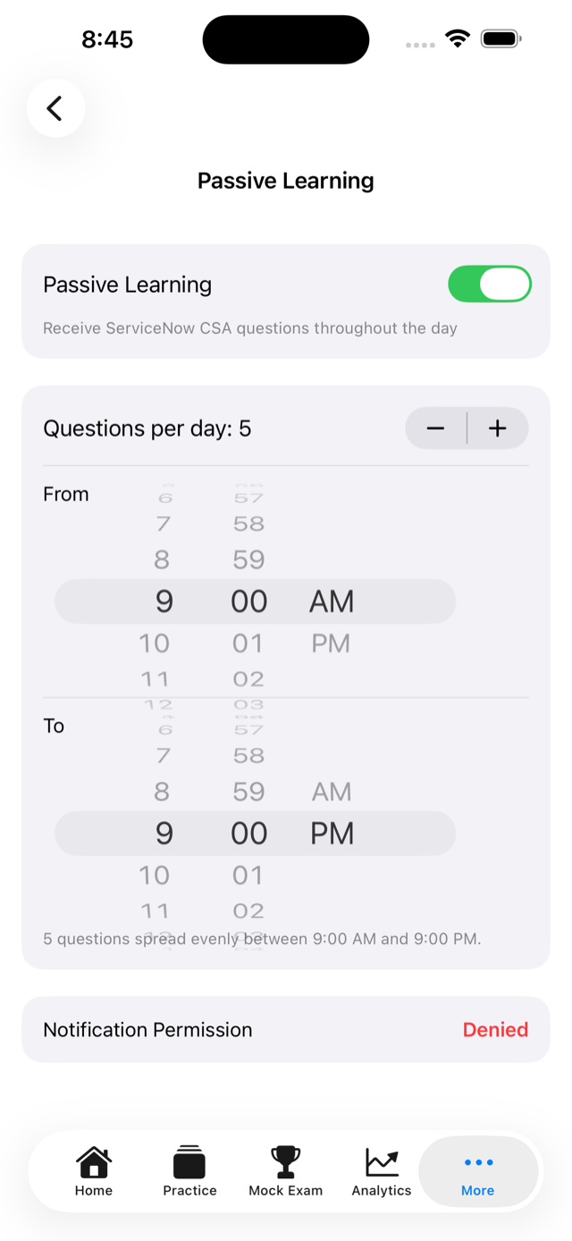 Learn screen showing passive learning notification settings