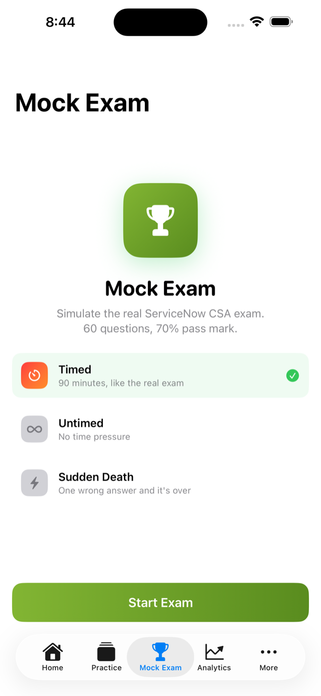 Mock exam mode selection screen