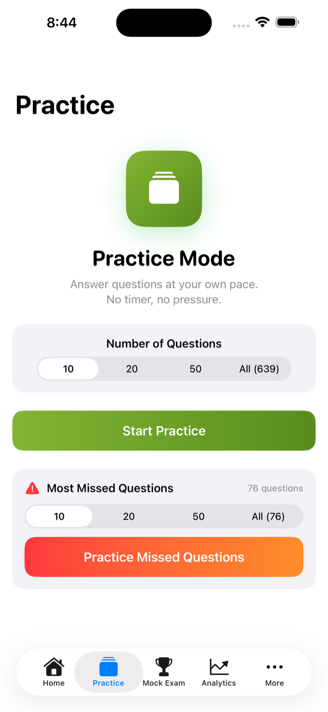 Practice mode screen for selecting question count